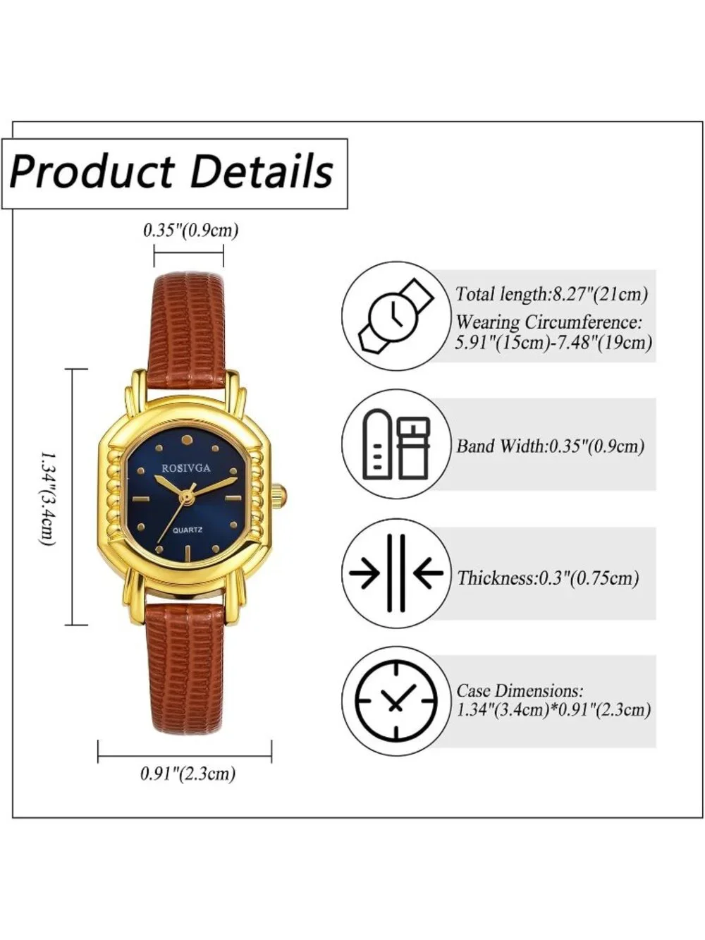 Women's Brown Blue Ultra-Thin Square Dial Adjustable PU Leather Strap Wristwatch
